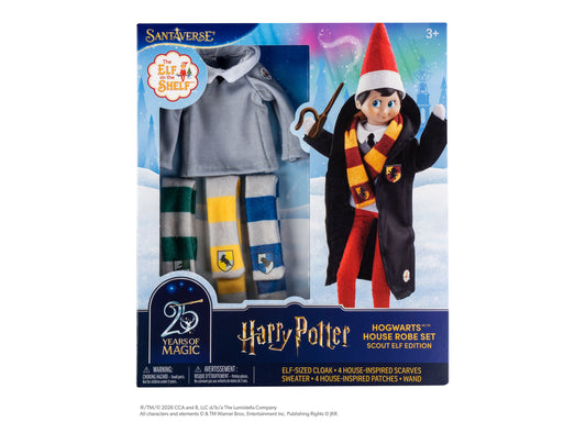Elf on the Shelf Harry Potter Hogwarts House Robe Set with red and white hat, black robe, striped scarves, and wand