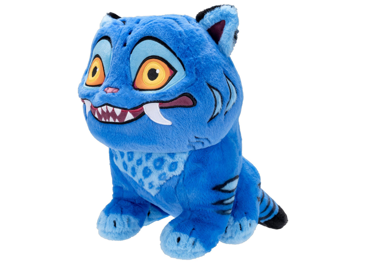 Derpy the blue tiger plush toy from K-Pop Demon Hunters, 12 inches, with orange eyes and playful expression