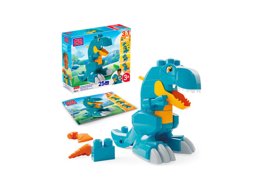 Mega Bloks Build & Chomp Dinosaur 25-piece set with turquoise T-Rex figure, orange details, building blocks, and inst...