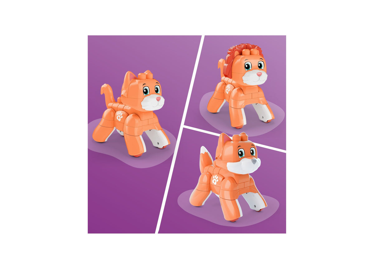Mega Bloks Fisher-Price Rolling Kitten 3-in-1 building set showing orange kitten figure in three different poses