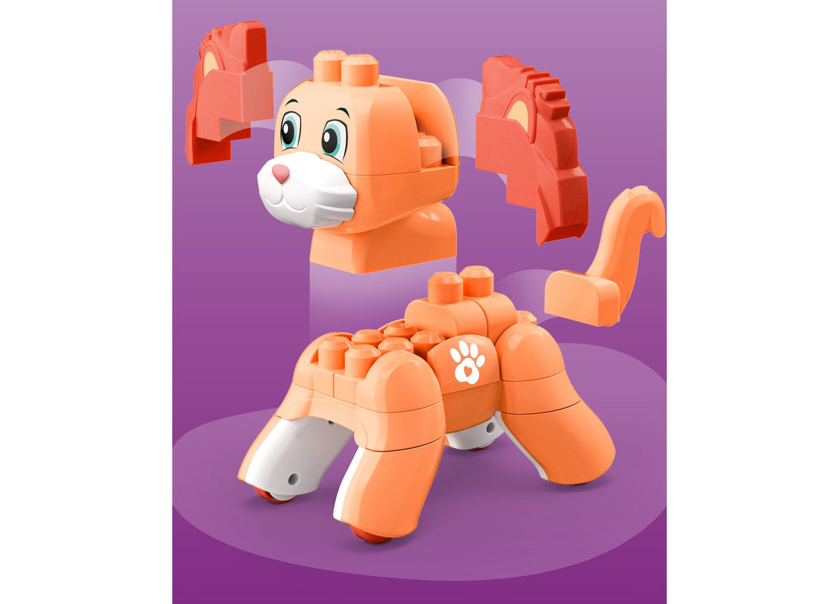 Mega Bloks Fisher-Price Rolling Kitten 3-in-1 building set with orange kitten figure and construction blocks