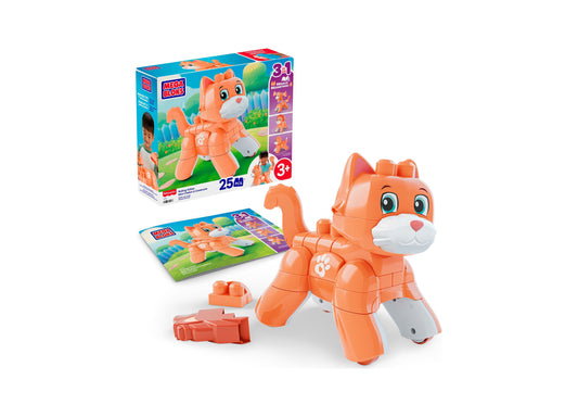 Mega Bloks Fisher-Price Rolling Kitten 3-in-1 building set with orange kitten figure, blocks, and instruction guide
