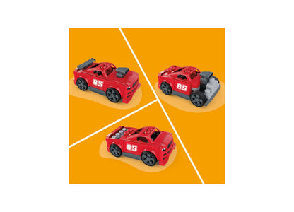 Mega Bloks Build & Go Race Car 3-in-1 set showing three red race car configurations with number 85