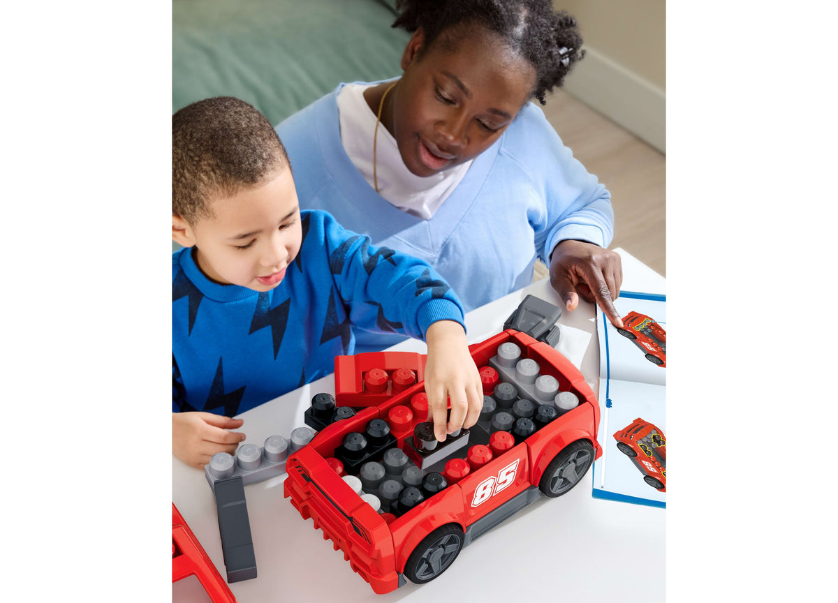Red Mega Bloks Build & Go Race Car 3-in-1 building set with 26 pieces and rolling wheels, child and caregiver buildin...