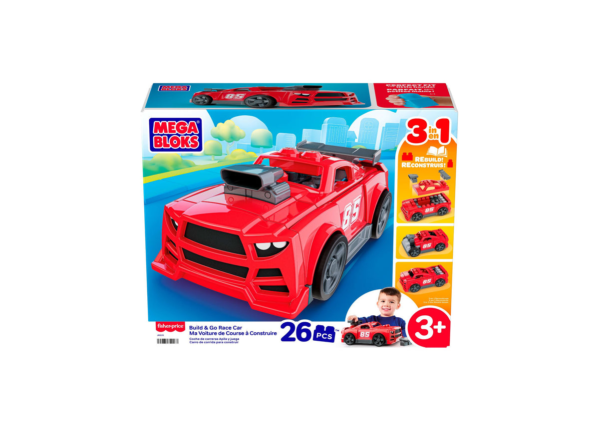 Mega Bloks Build & Go Race Car red 3-in-1 building set with rolling wheels and 26 pieces