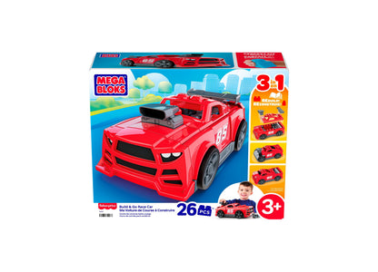 Mega Bloks Build & Go Race Car red 3-in-1 building set with rolling wheels and 26 pieces