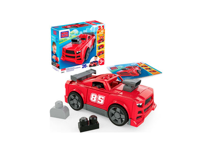 Mega Bloks Build & Go Race Car 3-in-1 red race car with number 85, building blocks, and instruction guide