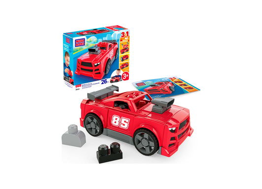 Mega Bloks Build & Go Race Car 3-in-1 red race car with number 85, building blocks, and instruction guide