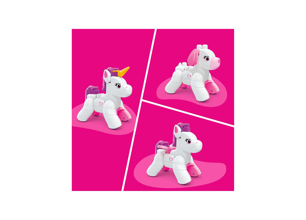 Mega Bloks Build & Enchant Unicorn 26-Piece Building Set showing white and pink unicorn figure in three different pos...