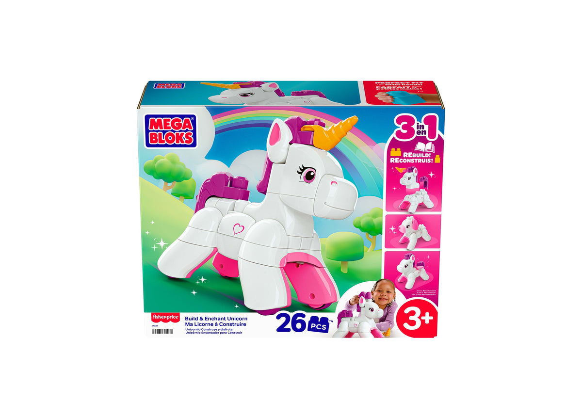 Mega Bloks Build & Enchant Unicorn 26-Piece set featuring white unicorn with pink accents and gold horn