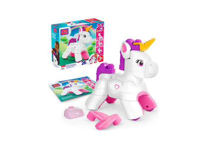 Mega Bloks Build & Enchant Unicorn 26-Piece set with white unicorn, purple mane, pink accents, and yellow horn, shown...
