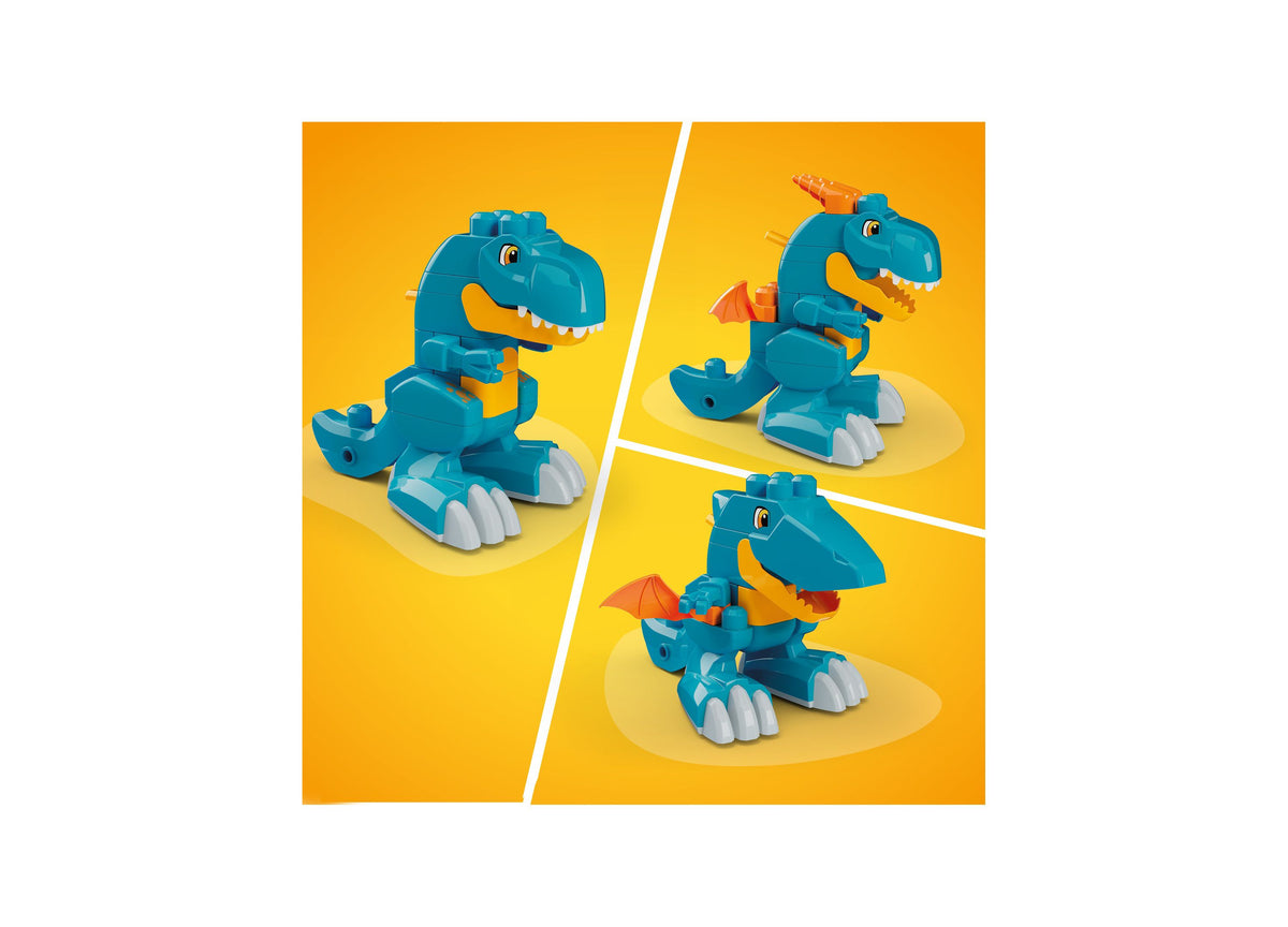 Mega Bloks Fisher-Price Build & Chomp Dinosaur showing three blue dinosaur configurations with orange accents and rol...