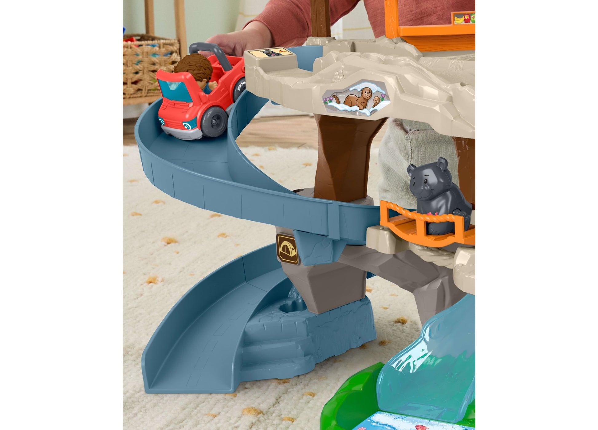 Fisher Price Ultimate Mountain Playset with red car on blue track and bear figure