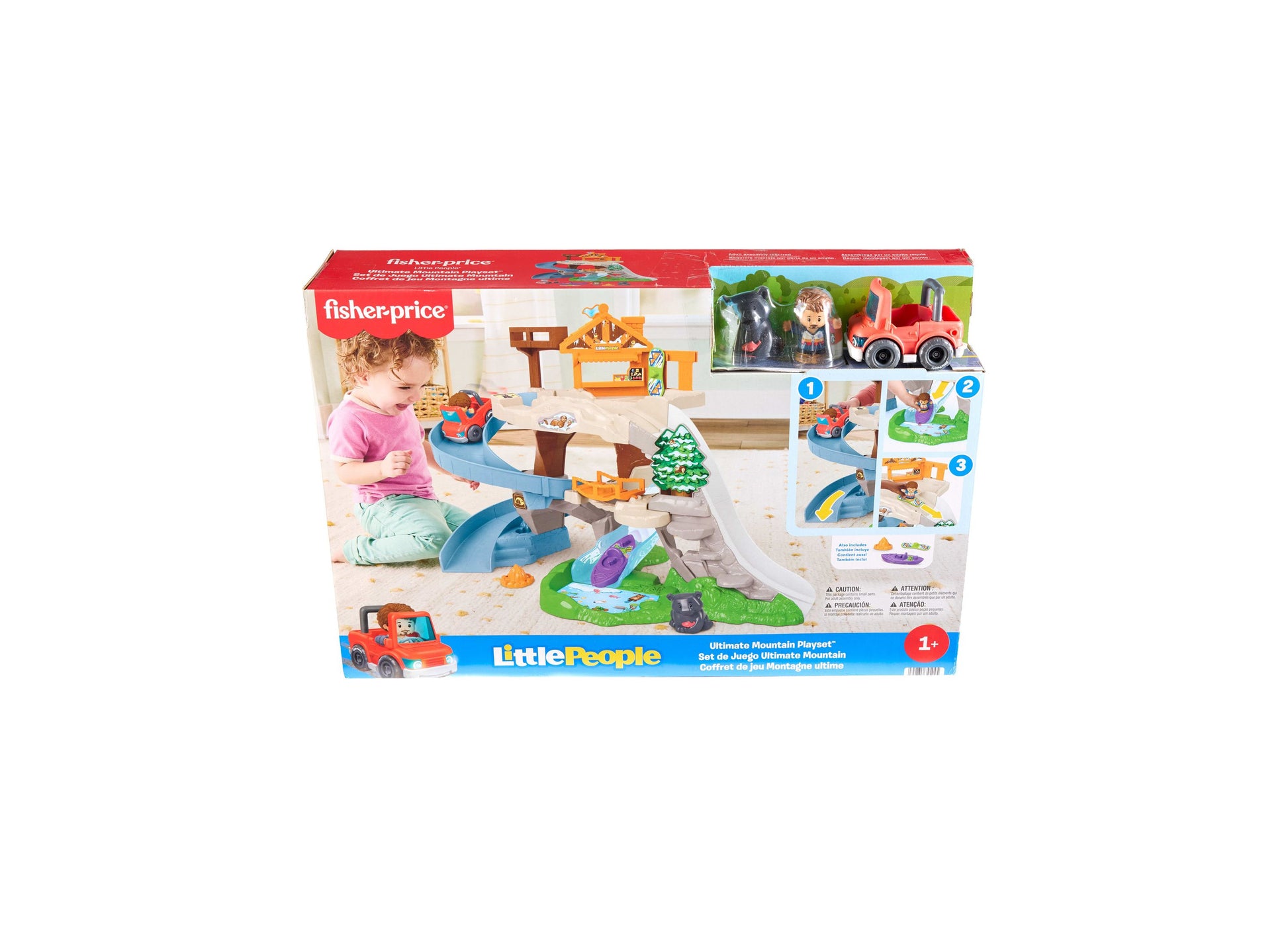 Fisher Price Ultimate Mountain Playset with blue track, orange fire truck, and figures for ages 1+
