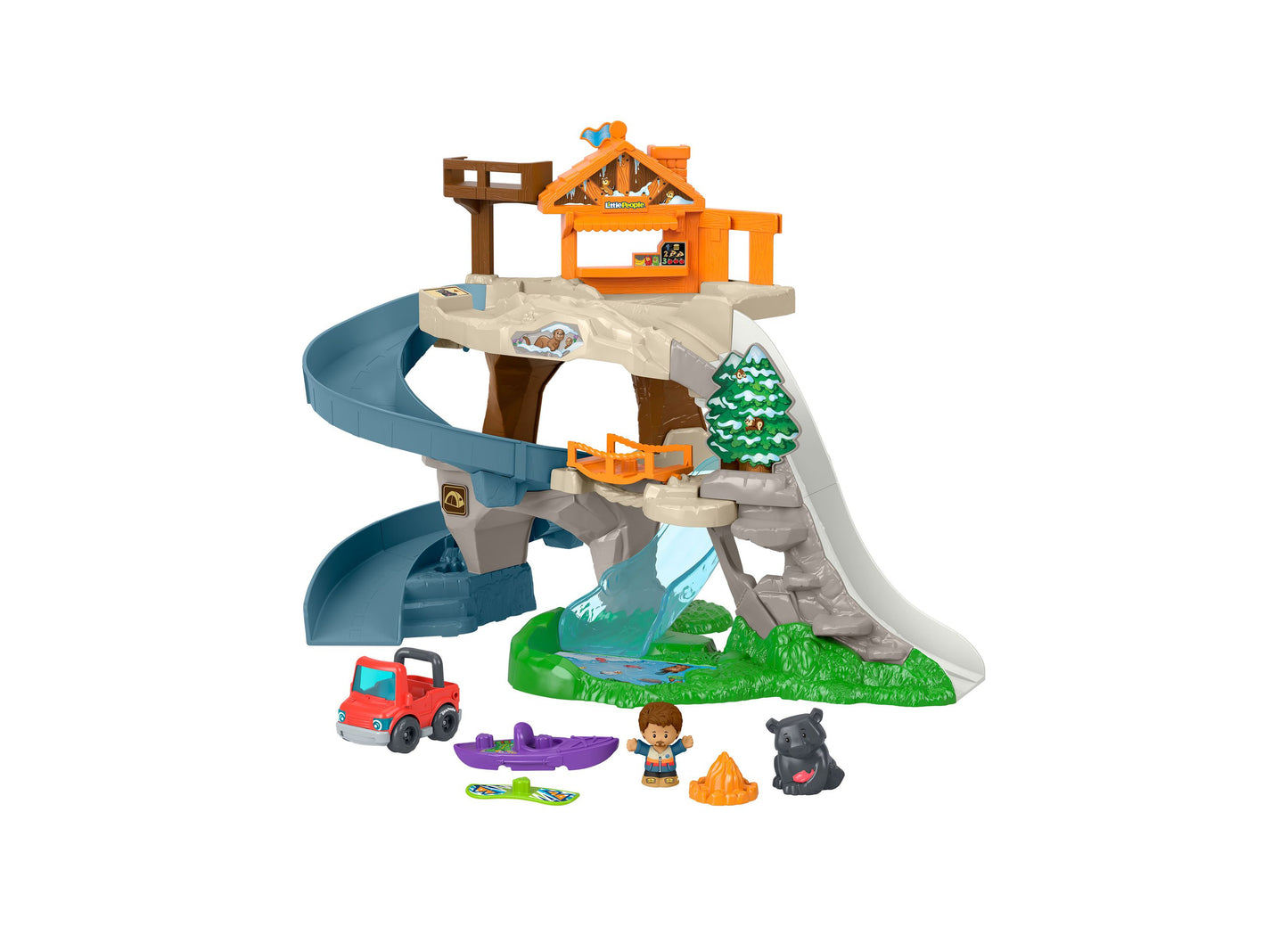 Fisher Price Ultimate Mountain Playset with orange lodge, blue water slide, red car, and figures