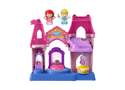 Fisher Price Disney Princess castle playset with pink towers, two character figures, and light-up dress shop features