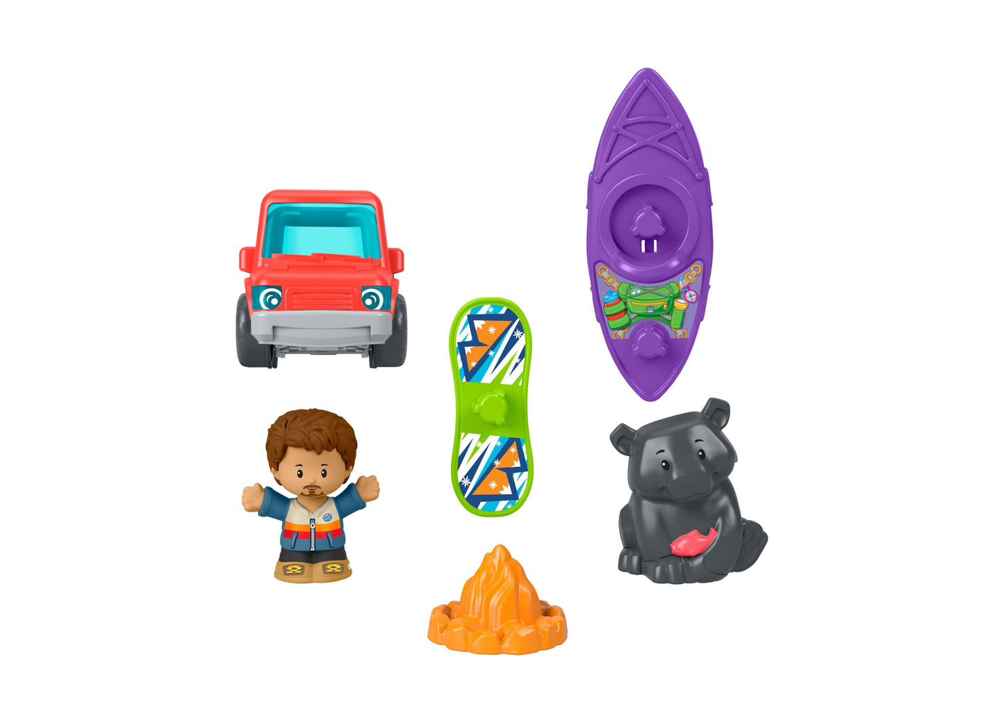 Fisher Price Ultimate Mountain Playset with red truck, purple rocket, skateboard, hippo figure and campfire