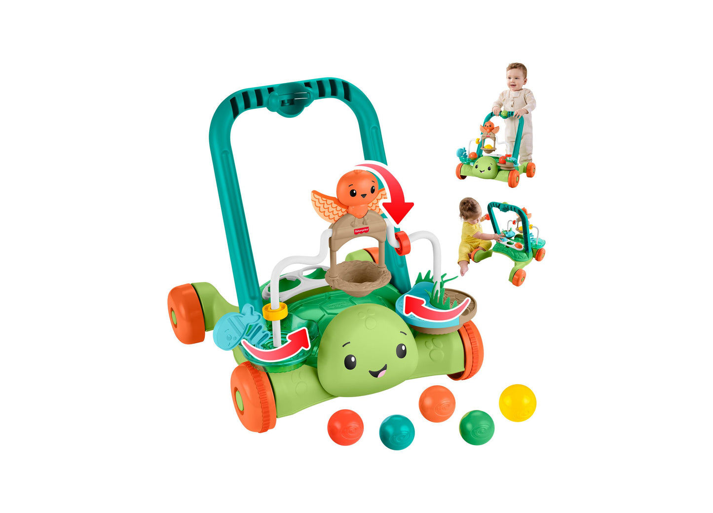 Fisher Price Moves with You Turtle Walker green push toy with orange wheels and 5 colorful balls