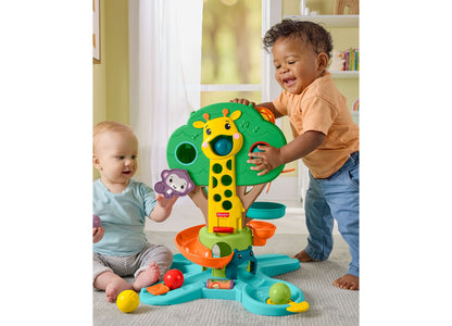 Fisher Price Jungle Tree Musical Ball Drop Activity Center with giraffe toy, colorful balls, and two toddlers playing