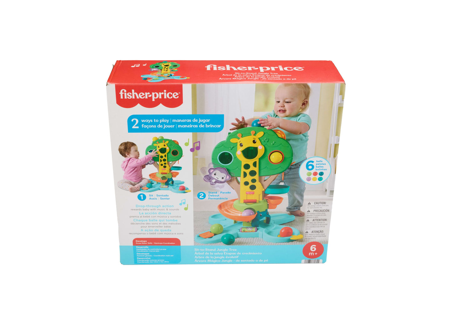 Fisher Price Sit-To-Stand Jungle Tree musical activity center with 6 colorful balls, green and yellow giraffe design