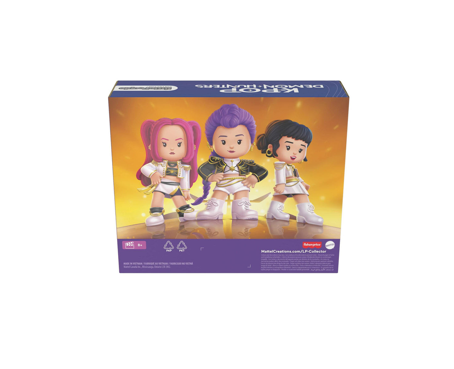 Little People K-Pop Demon Hunters HUNTR/X 3-piece action figure set with pink, purple, and black-haired characters