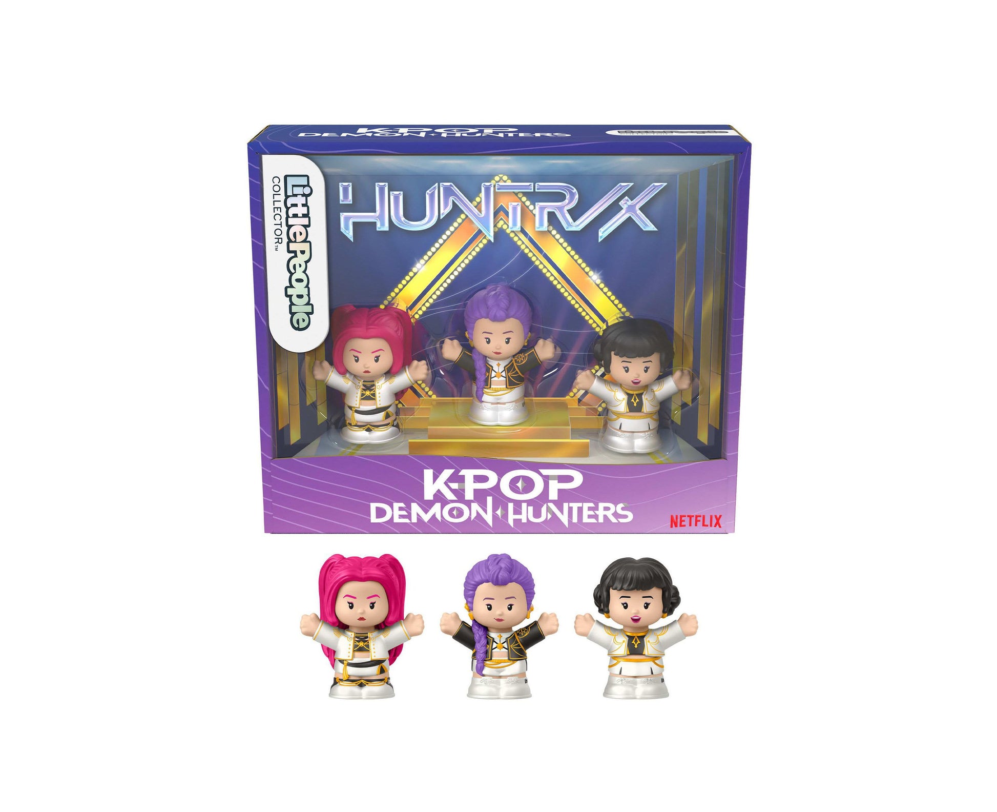 Little People KPOP Demon Hunters HUNTR/X 3-piece figure set with pink, purple, and black hair characters in white and...