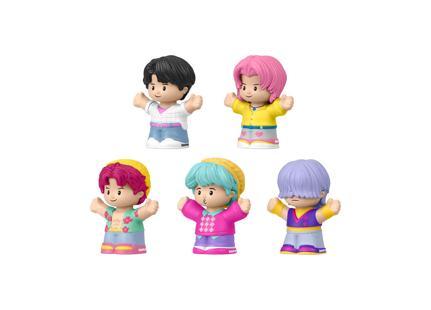 Little People K-Pop Demon Hunters 5-piece figure set with colorful characters in yellow, pink, and purple outfits
