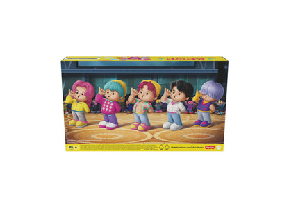 Little People K-Pop 5-piece action figure set with colorful characters in yellow, pink, and purple outfits