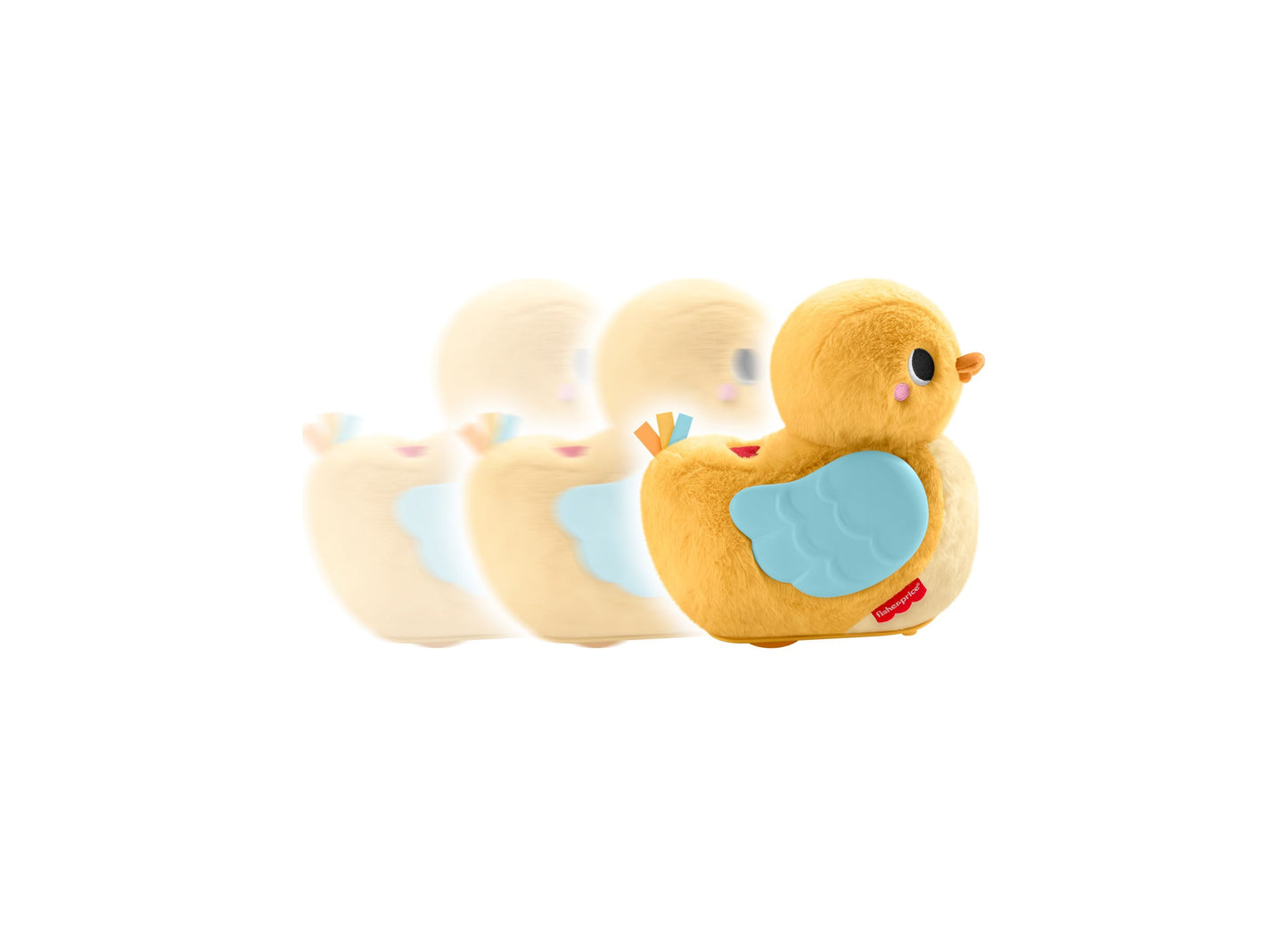 Fisher Price Cuddle and Crawl Duck plush toy in cream and golden yellow with blue wing detail