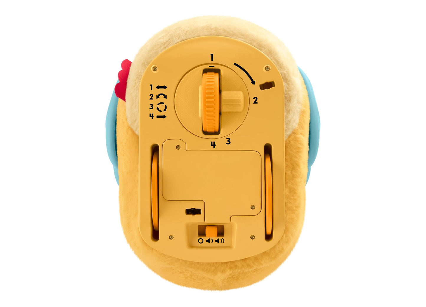 Fisher Price Cuddle and Crawl Duck yellow plush toy with control dial, back view