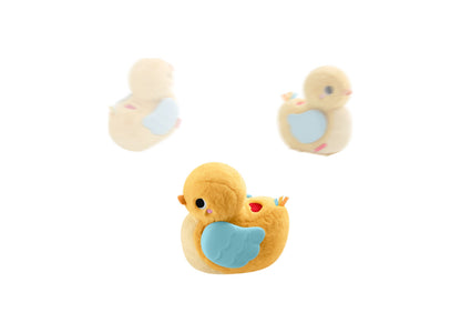 Fisher Price Cuddle and Crawl Duck plush toy in cream and golden yellow with blue belly patch