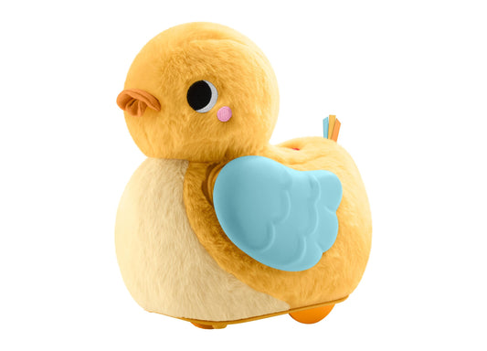 Fisher Price Cuddle and Crawl Duck plush toy in yellow with blue wing, musical tummy time toy