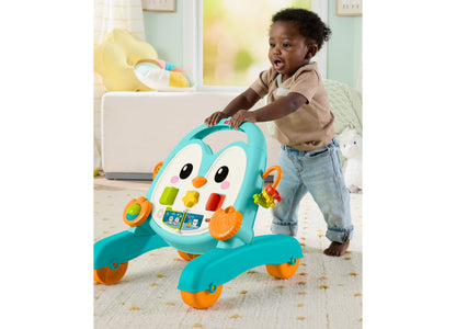 Fisher-Price 2-in-1 Musical Penguin Activity Walker in turquoise and orange with toddler playing