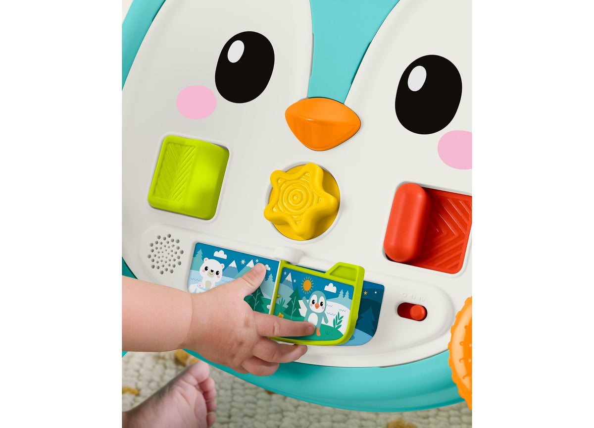 Fisher-Price 2-in-1 Musical Penguin Activity Walker with colorful shape toys, black eyes, orange beak, and interactiv...