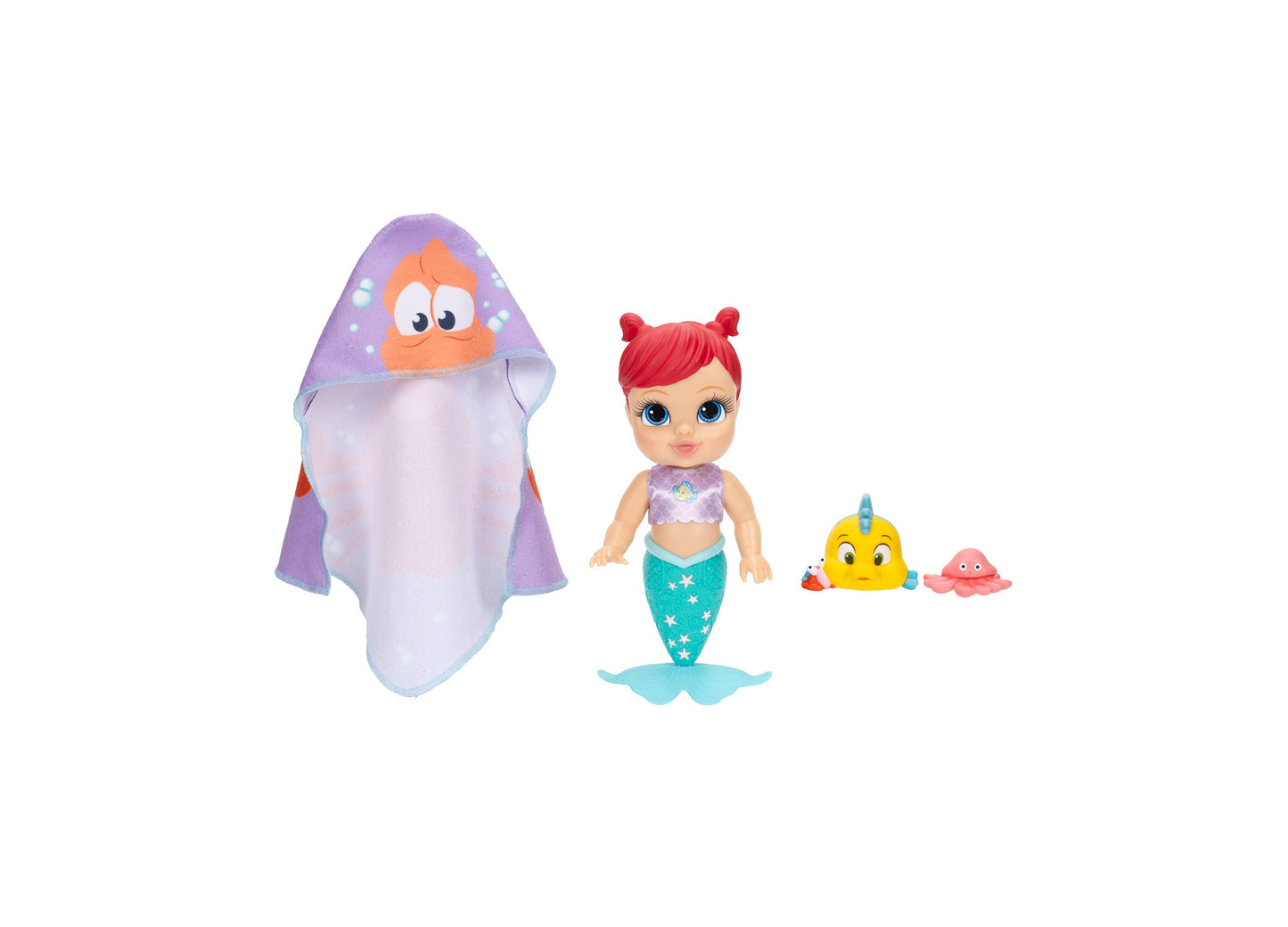 Disney Princess Bathtime Baby Ariel 12" color-changing doll with purple hooded towel and accessories