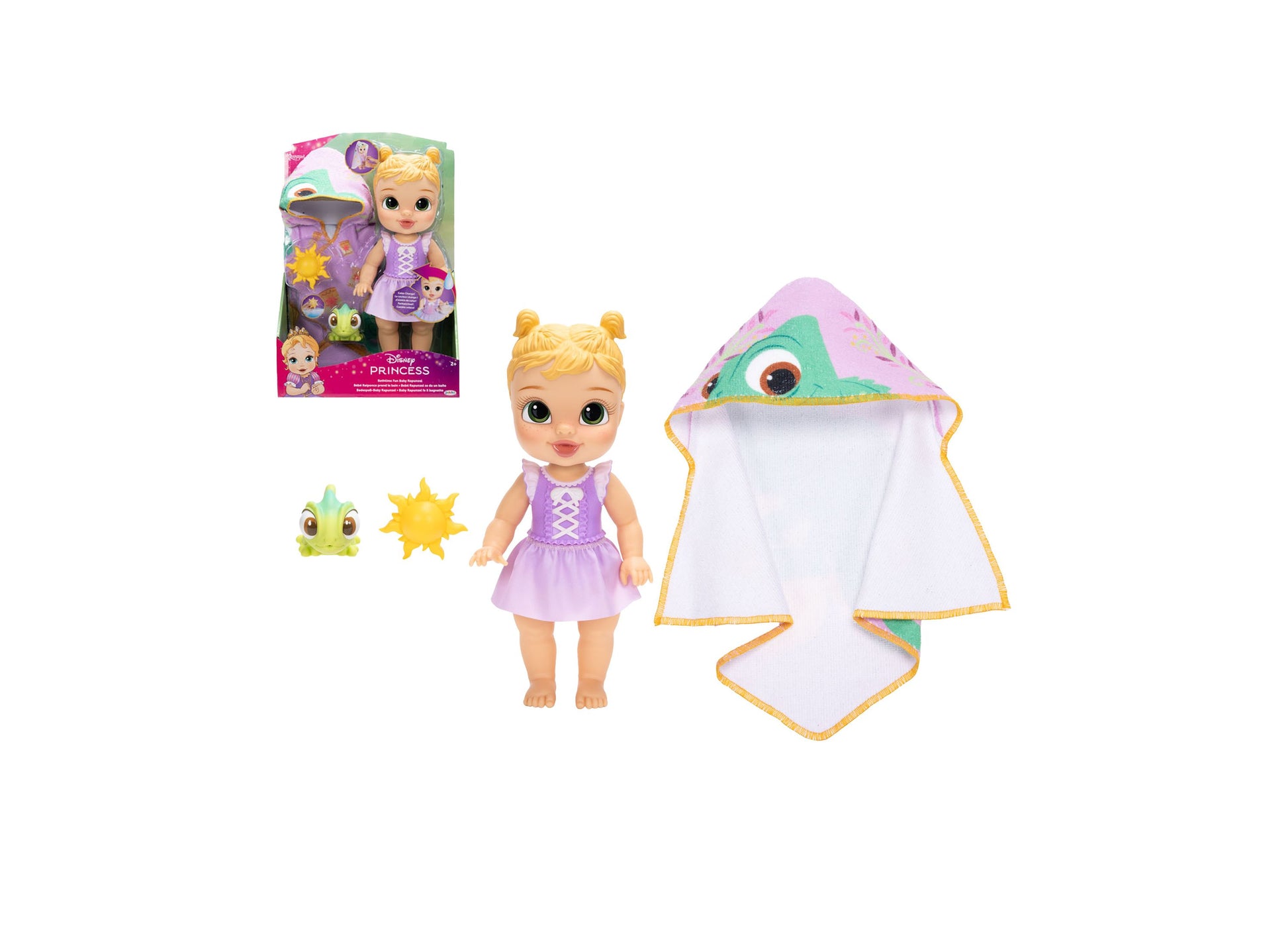 Disney Princess Rapunzel 12" Bathtime Baby Doll with purple dress, hooded towel, and water squirters