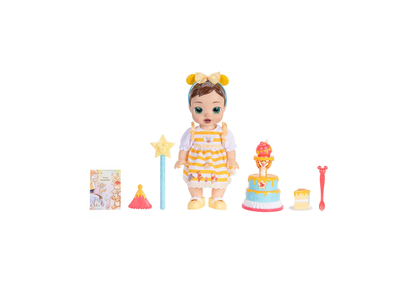 Disney Darlings Winnie the Pooh 12" Interactive Birthday Baby Doll with yellow striped outfit and accessories