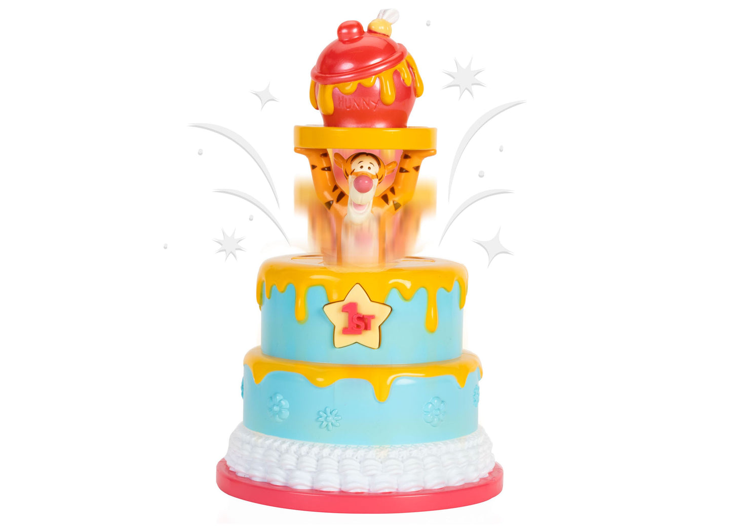 Winnie the Pooh interactive birthday cake toy with lights, sounds, and pop-up character feature