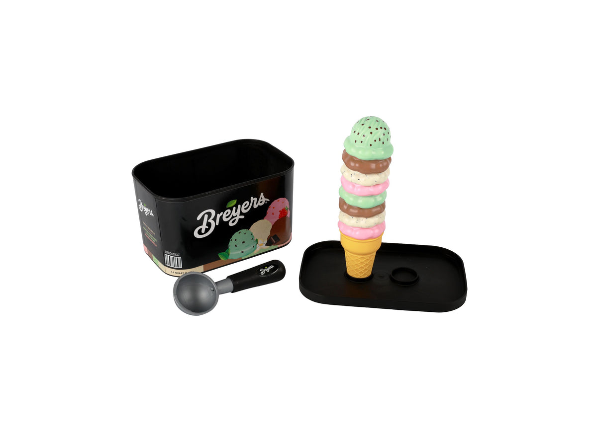 Casdon Breyers Ice Cream Scoop-and-Serve playset with black tub, scoop tool, and colorful stacked ice cream cone