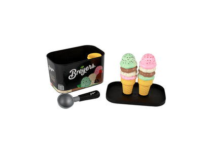 Casdon Breyers Ice Cream Scoop-and-Serve playset with black tub, scoop tool, and two colorful ice cream cones with st...