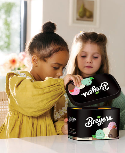 Casdon Breyers Ice Cream Scoop-and-Serve Playset with black tub, colorful scoops, and cones