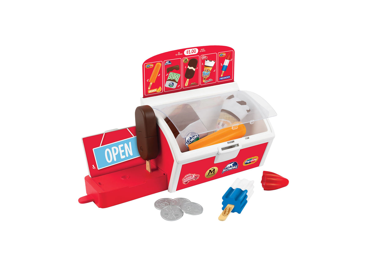 Casdon Ice Cream Shop Interactive Playset in red and white with play coins, ice cream treats, and menu card