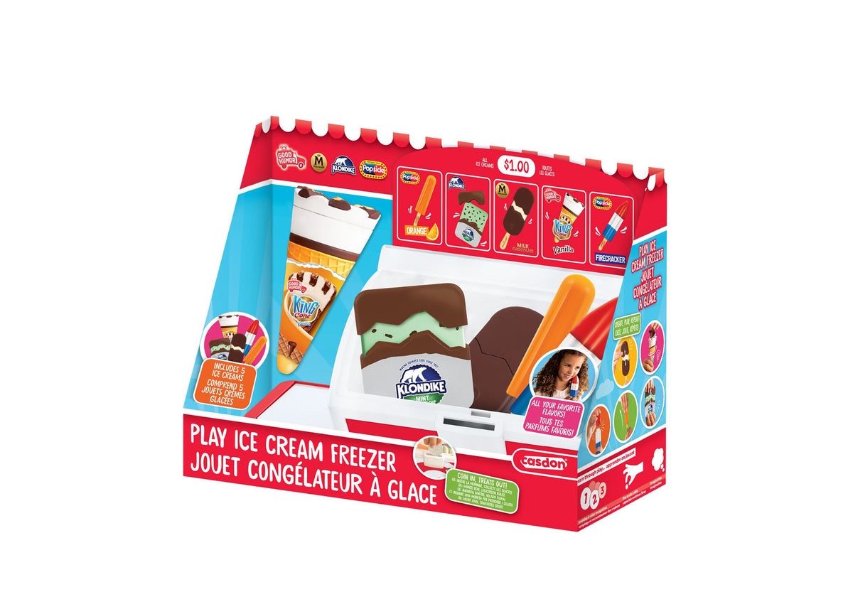 Casdon Play Ice Cream Freezer playset with brown and mint ice cream bar, orange popsicle, and licensed ice cream desi...