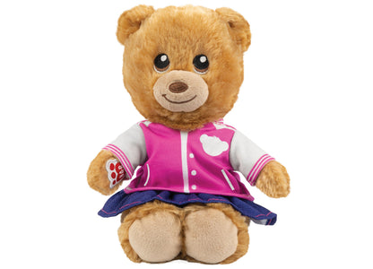 Casdon Bear plush toy wearing pink jacket with heart design and blue skirt
