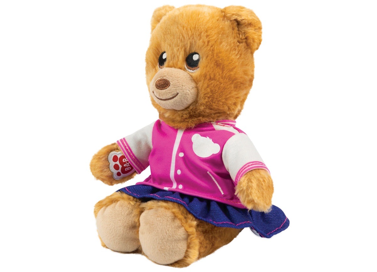 Casdon Bear Furtastic Friend plush bear wearing pink jacket with cloud design and navy skirt