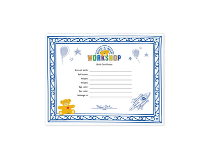 Build-A-Bear Workshop Birth Certificate with blue decorative border, yellow teddy bear, and rocket ship illustration