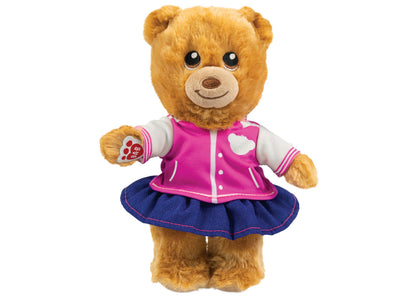 Casdon Bear Furtastic Friend plush bear wearing pink jacket and blue skirt with white heart detail