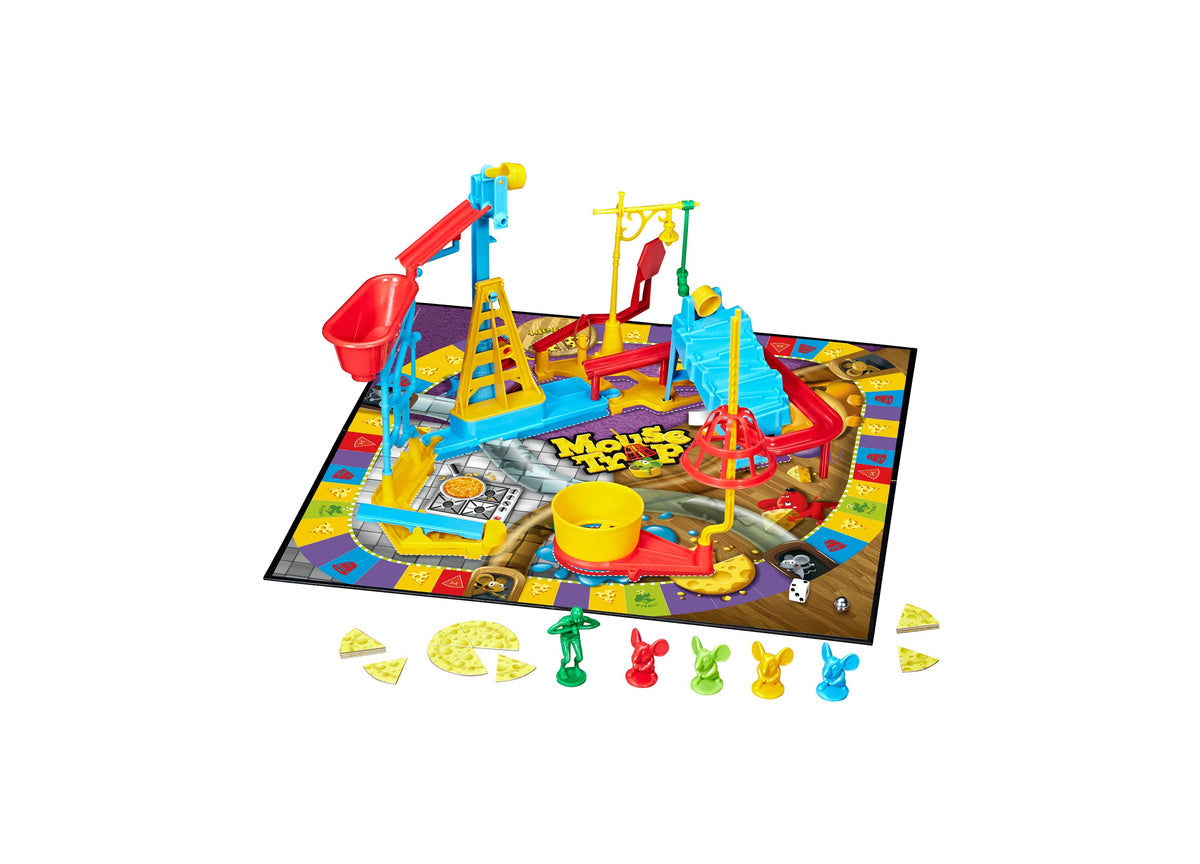 Mouse Trap 2-4 Player Board Game with colorful game board, blue and red trap structure, player pieces, and cheese wedges