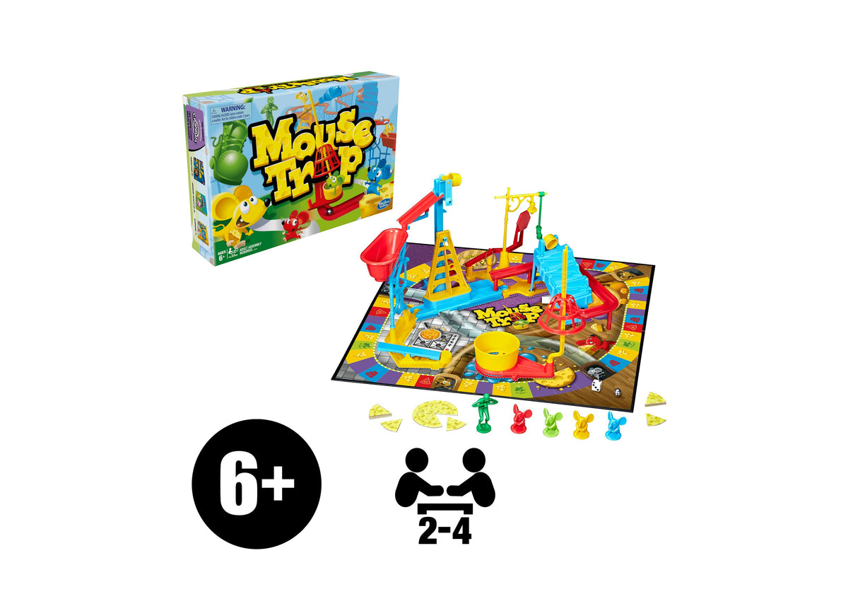 Mouse Trap 2-4 Player Board Game with colorful game board, red and blue trap structure, and character pieces