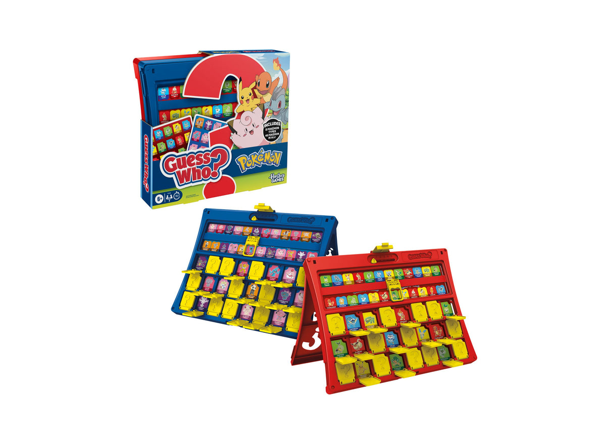 Guess Who? Pokémon Edition board game with red and blue fold-up cases featuring Pikachu and other Pokémon characters